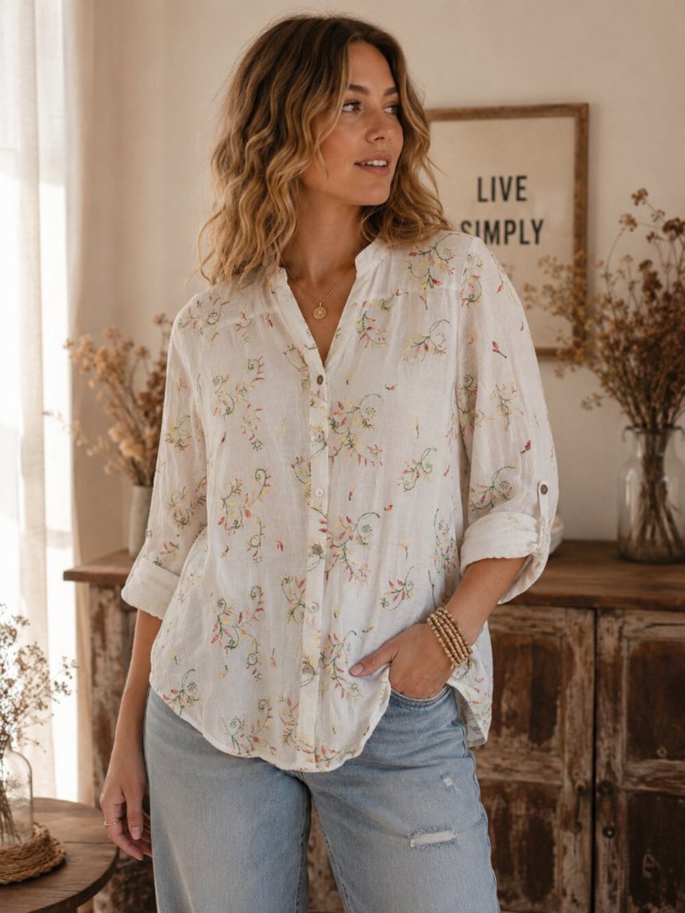 Figueroa & Flower Embroidered White Boho Button Down Blouse